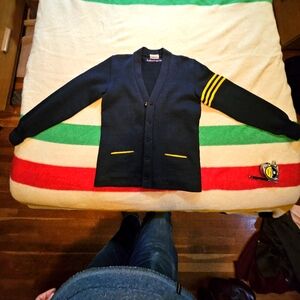 Vintage Dehen Cardigan Sweater - Made in USA - Three Stripes - Medium -100% Wool